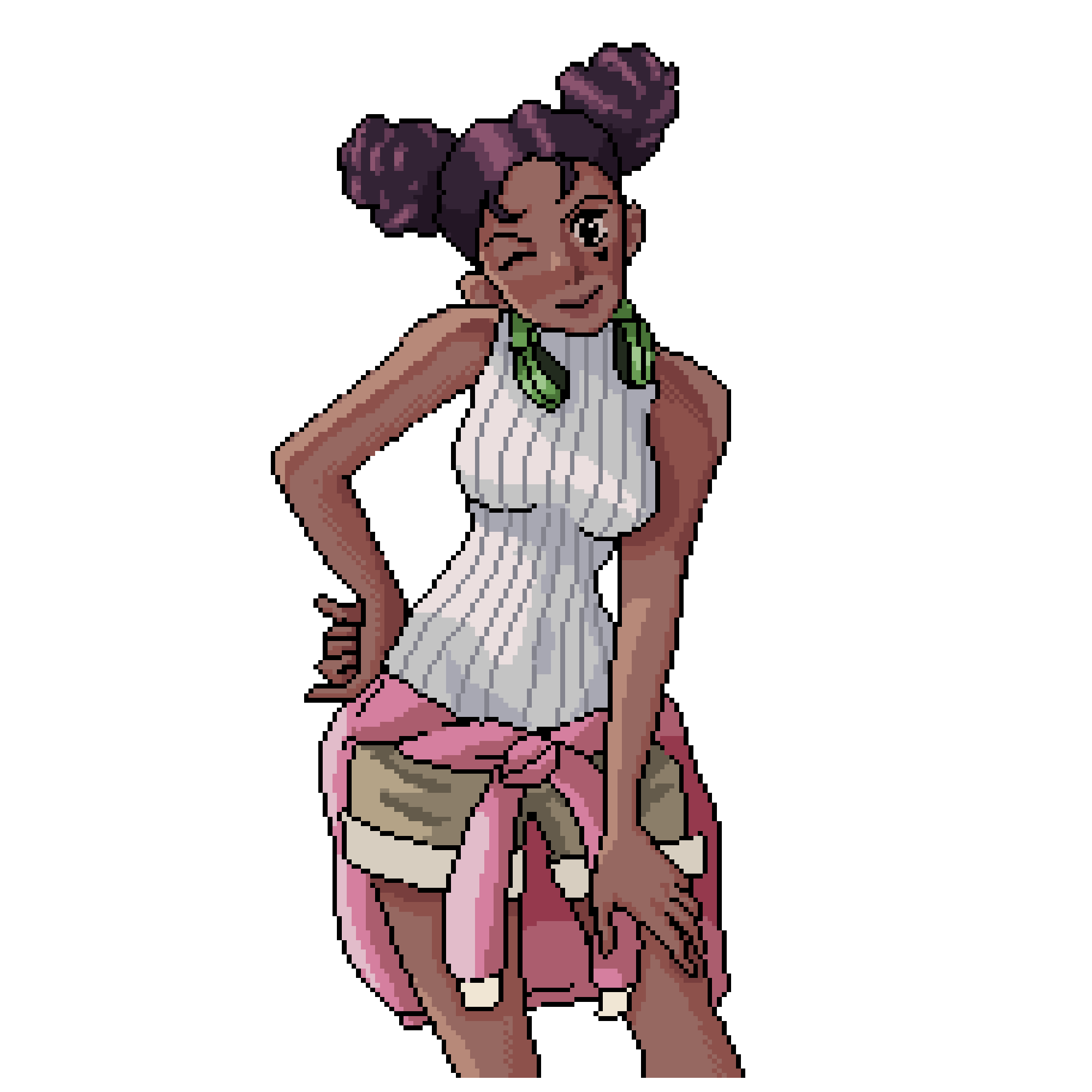 Pixel art.
      It's a young woman staring at the user and winking.
      She's with headphones and ready to make a call.
      She is black, curly hair, thin, wearing a white sleeveless shirt, shorts with a coat tied around her waist.
      Its drawing strokes changes color randomly on each page visit.